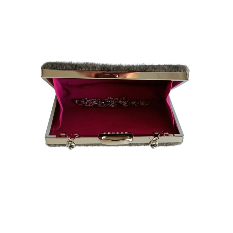 Kırçıllı Kahve Renk İtalyan Kürk Kumaş Abiye Çanta