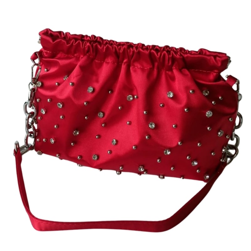 Kırmızı Saten Gümüş Taş Süslemeli Çanta