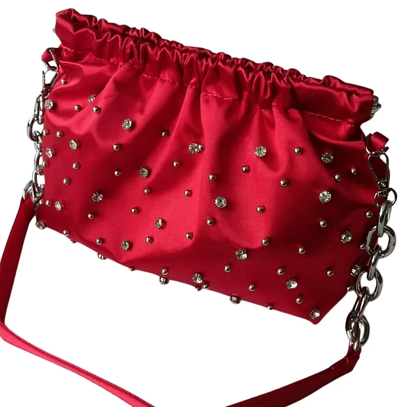 Kırmızı Saten Gümüş Taş Süslemeli Çanta