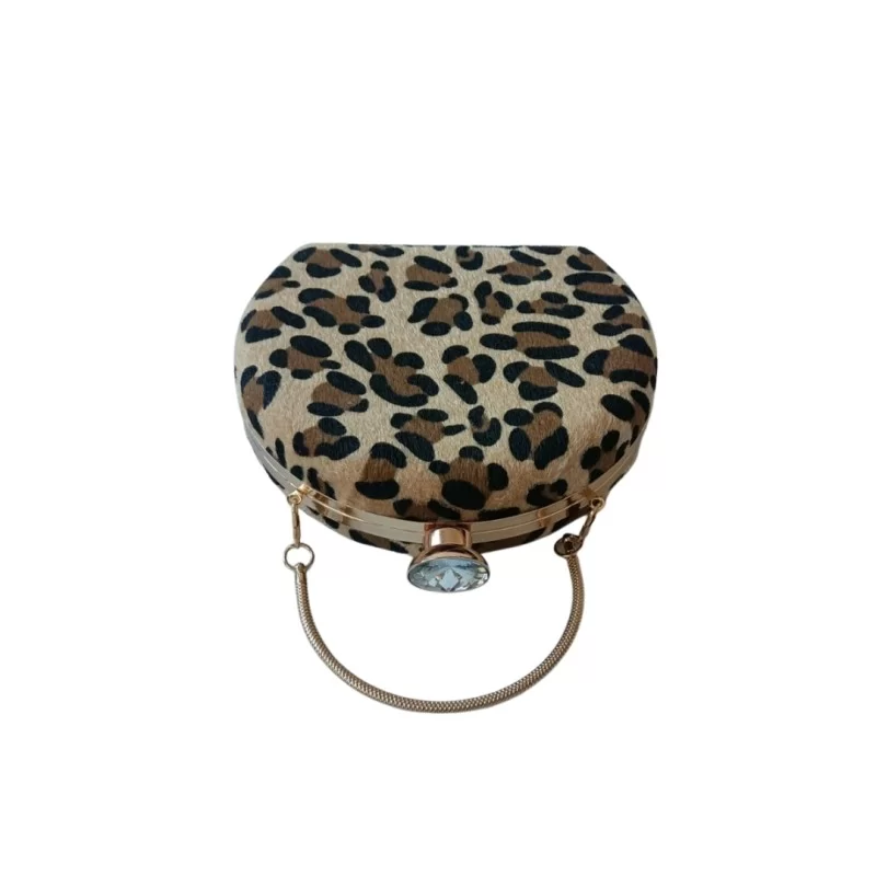 Kürk Kumaş Leopar Desenli Oval Abiye Çanta