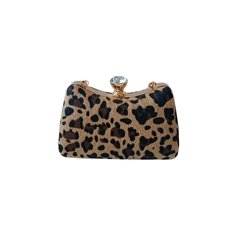 Leopar Desenli Dörtgen Kürk Kumaş Abiye Çanta