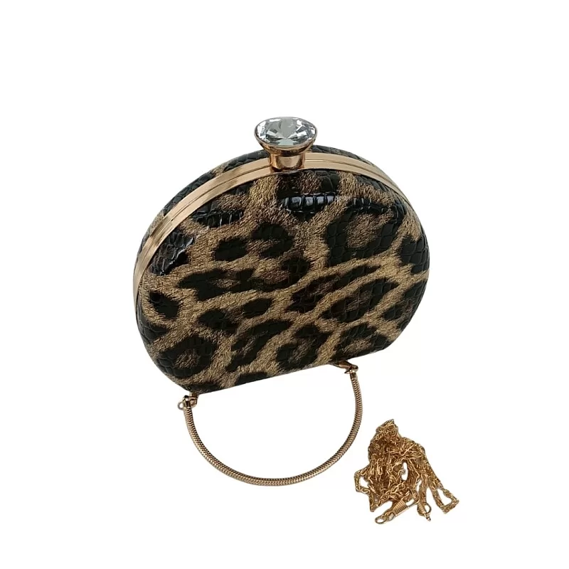 Leopar Desenli Oval Abiye Çanta