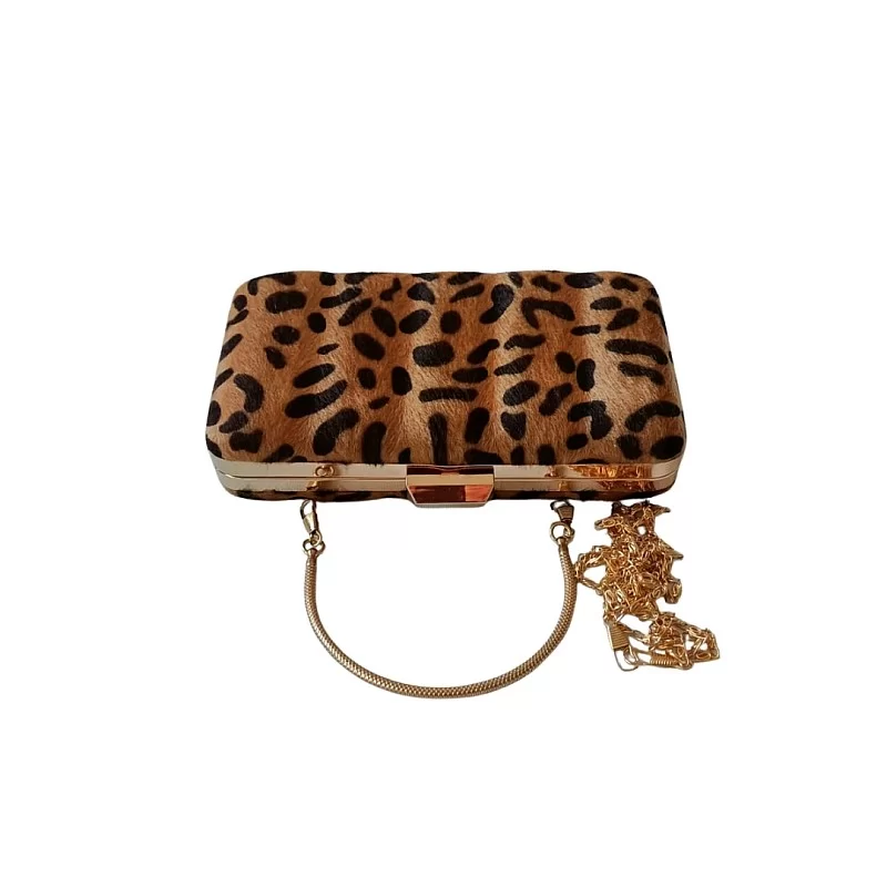 Leopar Desenli Tam Dörtgen Kürk Kumaş Abiye Çanta