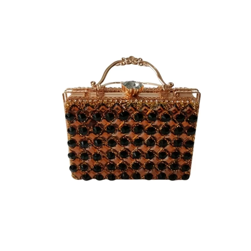 Gold Kahve Siyah Taşlı Abiye Çanta