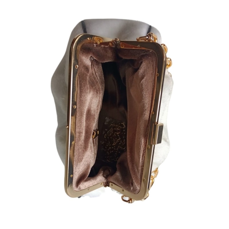 İnci Beyaz Gold Detay Kürk Kumaş Abiye Çanta