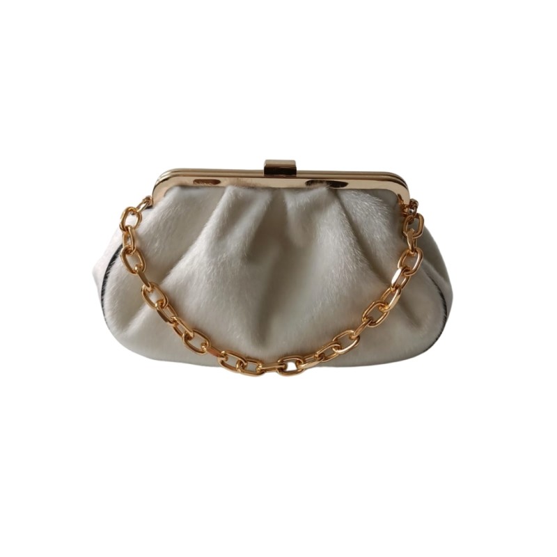 İnci Beyaz Gold Detay Kürk Kumaş Abiye Çanta