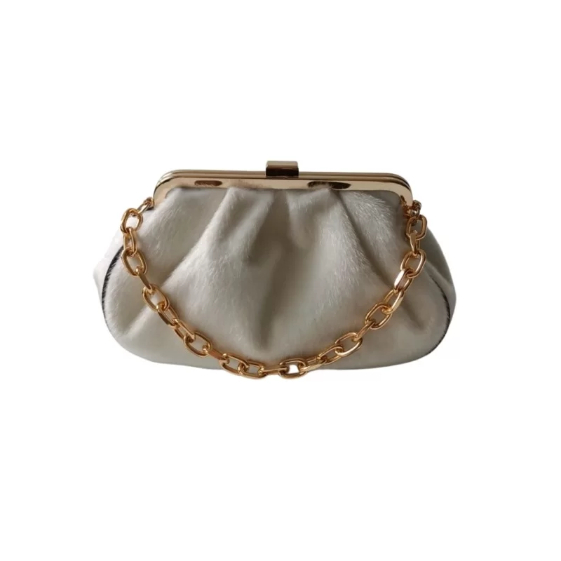 İnci Beyaz Gold Detay Kürk Kumaş Abiye Çanta