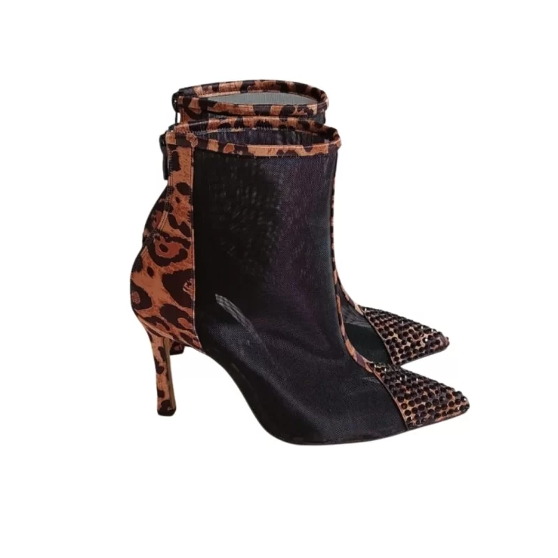 Siyah Leopar Renk Stiletto Tül Bot