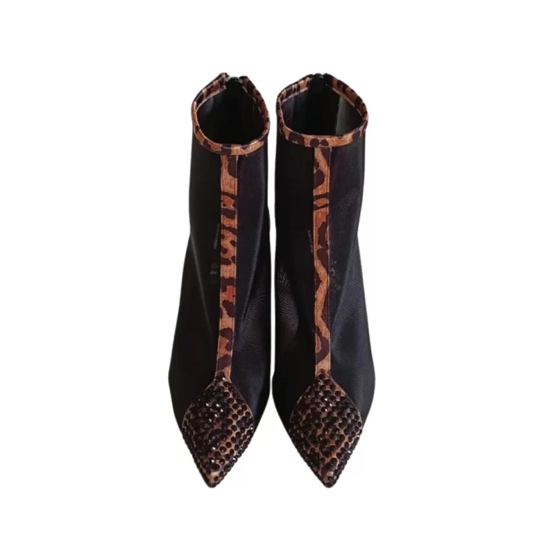 Siyah Leopar Renk Stiletto Tül Bot
