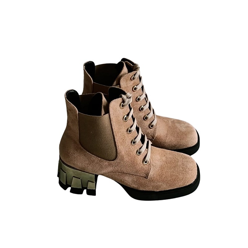 Taba Renk Süet Ön Bağcıklı Yan Lastikli Bot