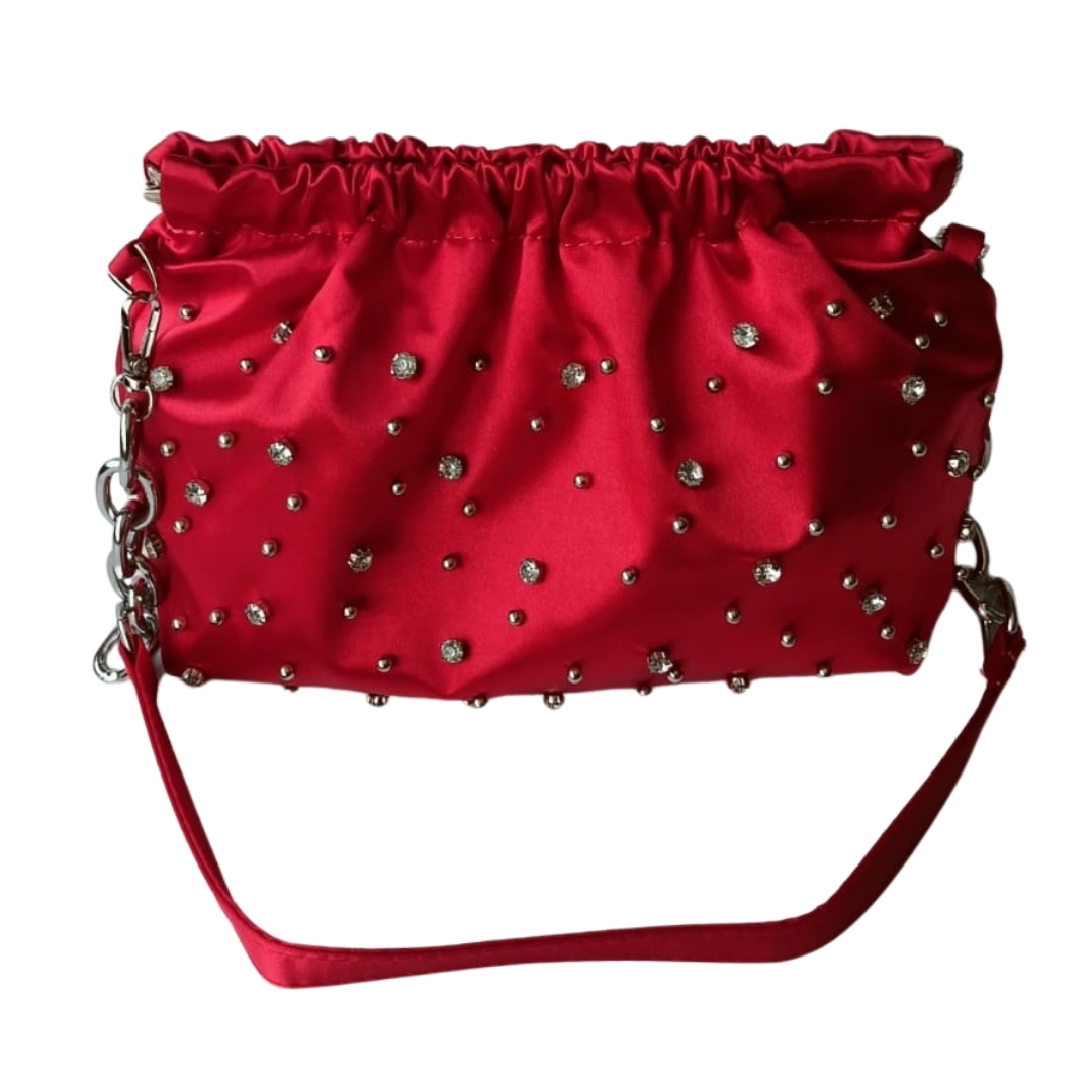 Kırmızı Saten Gümüş Taş Süslemeli Çanta