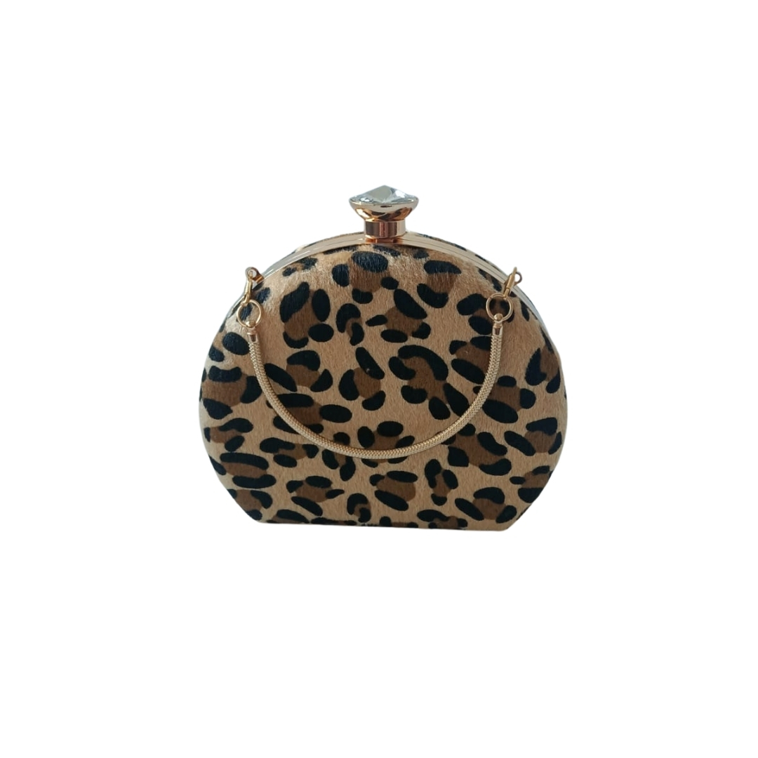 Kürk Kumaş Leopar Desenli Oval Abiye Çanta