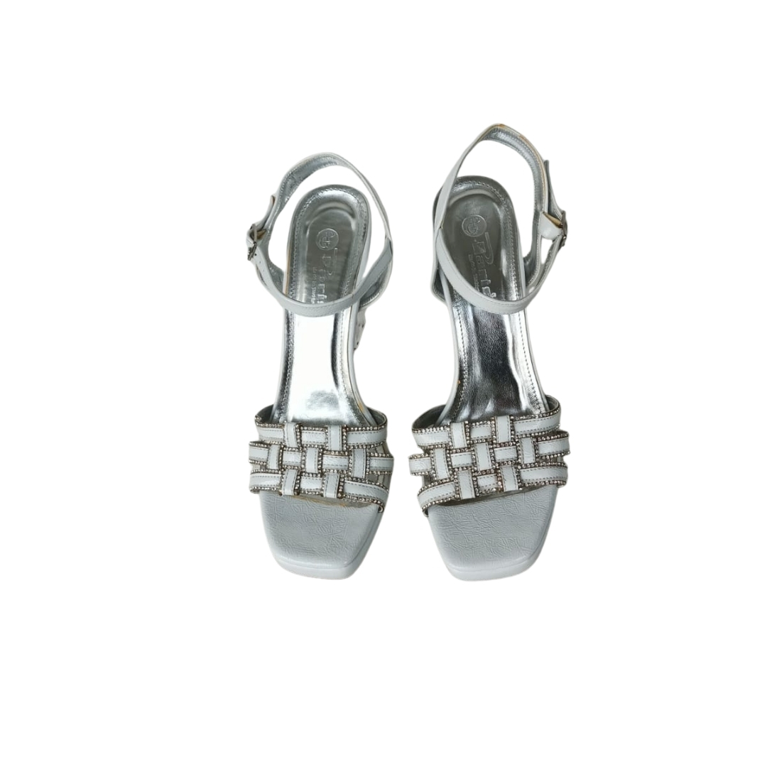 Beyaz Renk Örgü Taş Detaylı Cam Platform Topuklu Ayakkabı