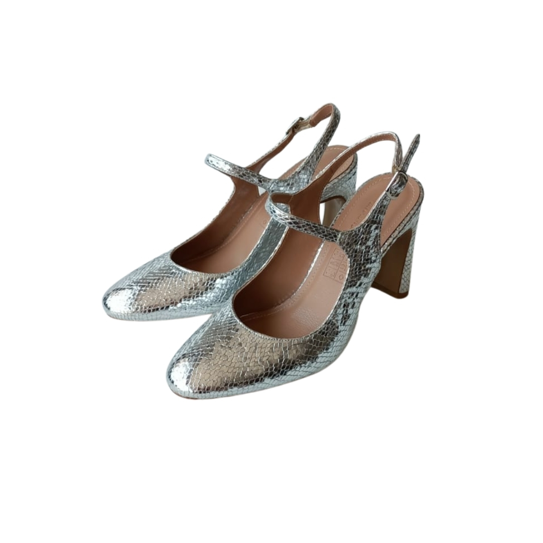 Gümüş Renk Yılan Baskı Desenli Topuklu Ayakkabı